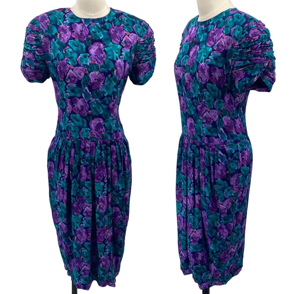 Vintage 80s Maggy London Silk Dress Ruched Sleeves Floral Printed Blue Womens 6